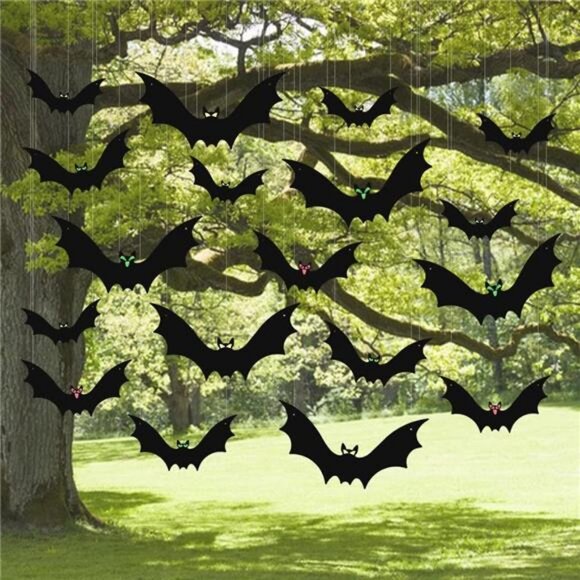 (18 Pcs) Hanging Bats Halloween Decoration Outside, Large Flying Plastic Bats - Picture 1 of 7